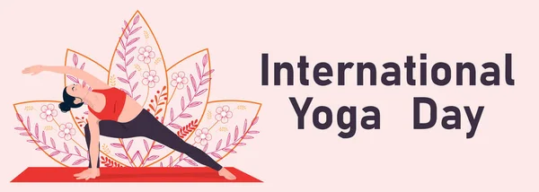 Giornata Internazionale Yoga Persone Piatte Che Fanno Esercizi Illustrazione Illustrazione — Vettoriale Stock