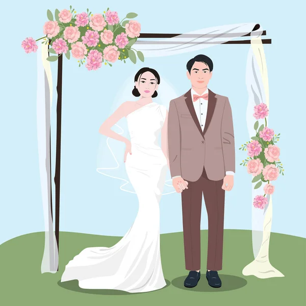 Asian Newlyweds Flat Color Vector Illustration Elegant Garden Ceremony — Stock Vector
