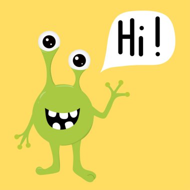 Çizgi film canavarı merhaba diyor. Tipografi posteri, kart, etiket, el ilanı, sayfa, pankart, bebek giyimi, çocuk odası için grafiksel.