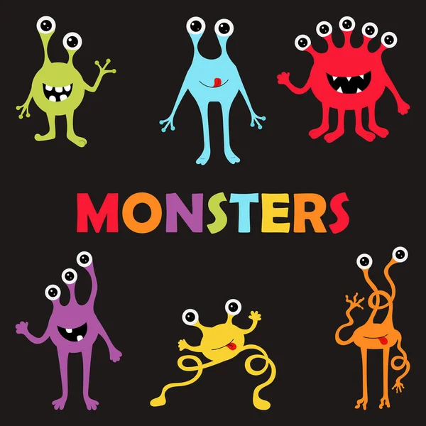 Niedliche Monster Auf Schwarzem Hintergrund Isolierte Cartoon Monster Figuren Vektorillustration — Stockvektor