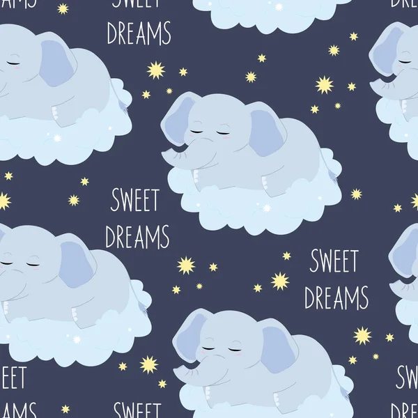 Baby elephant sleeping on a cloud. Vector seamless pattern.