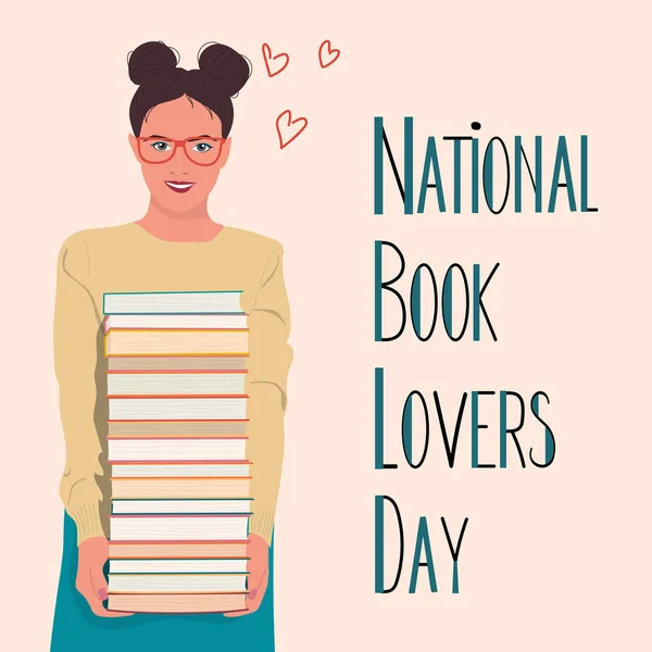 Book Lovers Day Girl Holding Huge Stack Books — Vettoriale Stock