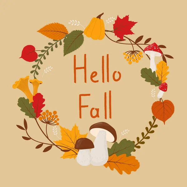 Postcard Text Hello Fall Fallen Leaves Mushrooms Pumpkins Lying Circle — Image vectorielle