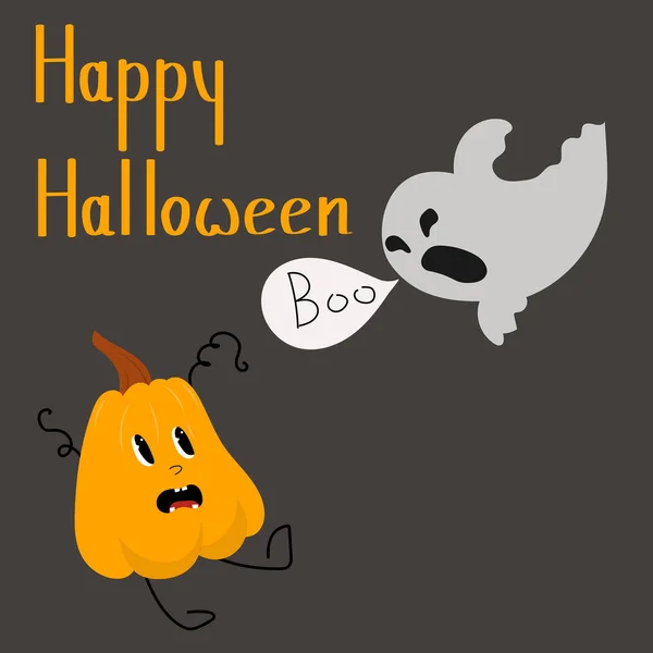 Happy Halloween Party Greeting Card Cute Pumpkin Ghost Flat Design — Stock Vector