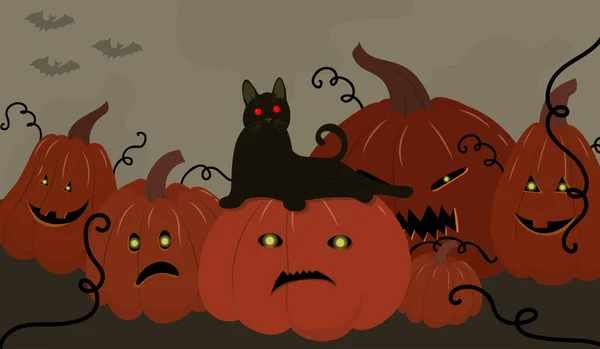 Creepy Halloween Background Cat Pumpkins Sppoky Black Cat Red Eyes — ストックベクタ
