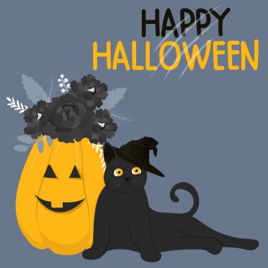 Happy Halloween vector illustration. A black cat with pumpkin.