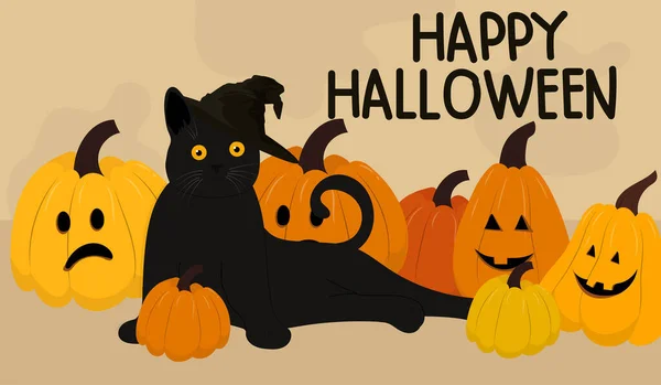 Halloween Banner Cat Pumpkins Cute Vector Illustration — ストックベクタ