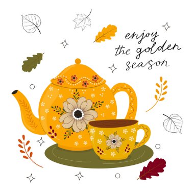 Autumn hot tea cartoon cozy card. Fall mood. Hand drawn mug of hot tea time flat style.