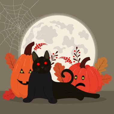 Halloween card with evil cat. Happy Halloween illustration with a full moon, black cat, pumpkins