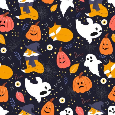 Halloween holiday seamless pattern background with pumpkin, ghost, fox and eyeball. Vector illustration