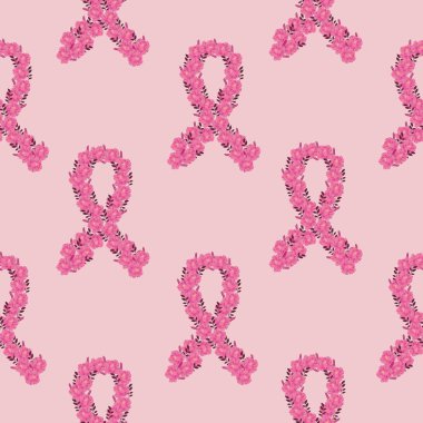 Breast cancer awareness ribbon seamless pattern. Pink Ribbon of flowers, vector illustration