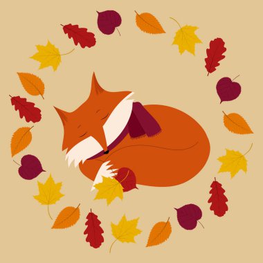 Flat autumn fox with leaves. Golden season foxy with leaf greeting card. Vector illustration