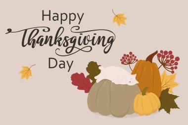 Thanksgiving card with cat. Vector illustration
