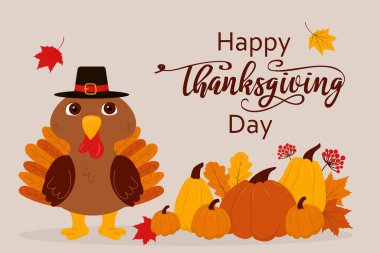 Thanksgiving card with turkey and pumpkins. Vector illustration