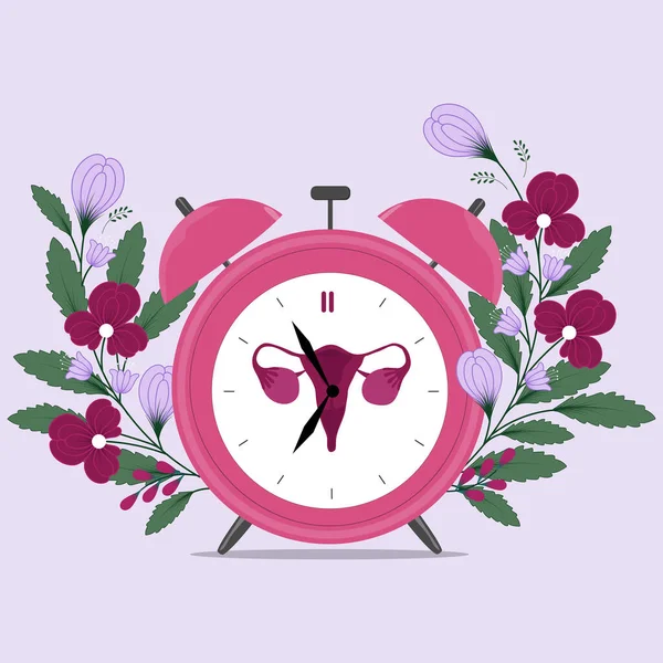 Menopause alarm with flowers. Hand drawn clock. Vector illustration