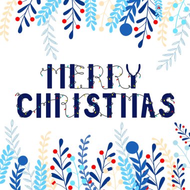 Mutlu noel kartları. Ampul çelenkli tebrik kartı. Vektör illüstrasyonu