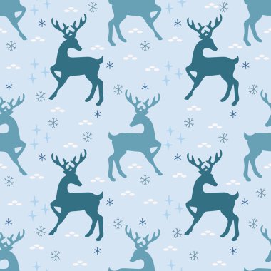 Geyik silueti pürüzsüz desen. Muhteşem geyikleri ve kar taneleri olan kusursuz bir Noel deseni. Vektör illüstrasyonu