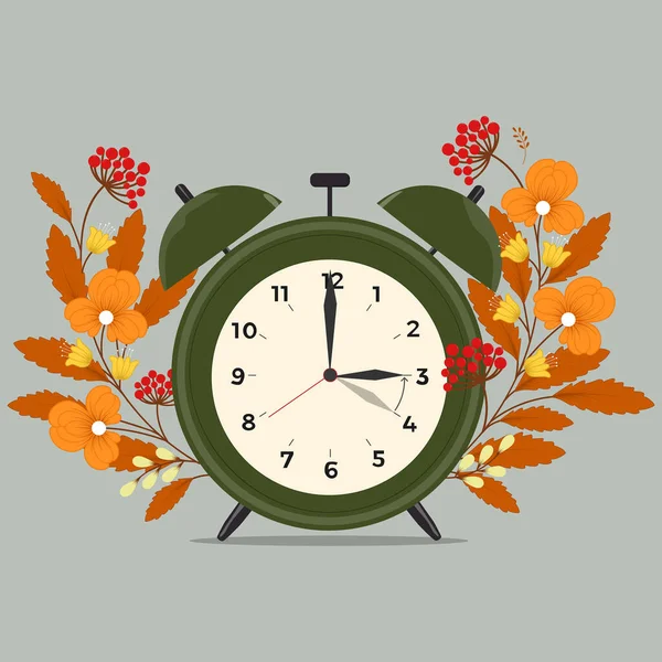 Change Your Clocks Vector Illustration Alarm Flowers Hand Drawn Fall — Stock Vector