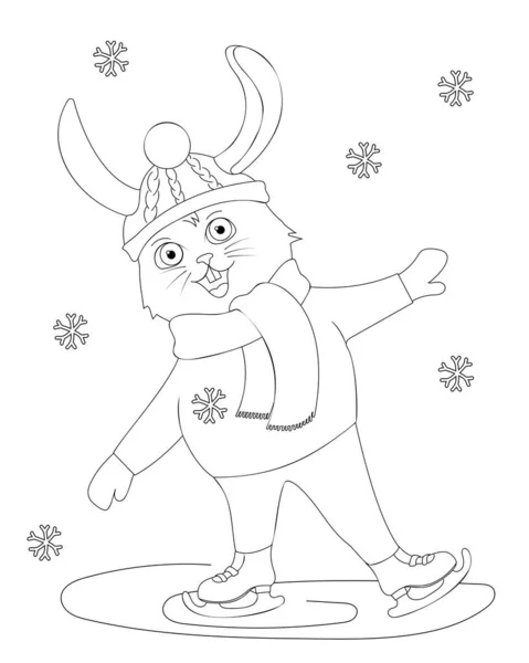Malseite Eines Niedlichen Zeichentrickhasen Beim Schlittschuhlaufen Malbuch Für Kinder Vektorskizze — Stockvektor