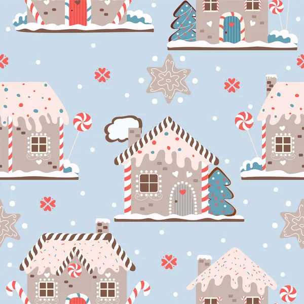 Patrón Casa Jengibre Patrón Sin Costuras Con Galletas Jengibre Navidad — Archivo Imágenes Vectoriales