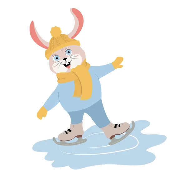 Lustiges Kaninchen Mit Strickmütze Und Schal Läuft Schlittschuh Illustration Zum — Stockvektor