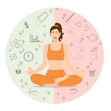 Hayat ve iş dengesi kavramı. İş ve yaşam ikonları arasında meditasyon yapan bir kadın. Vektör illüstrasyonu