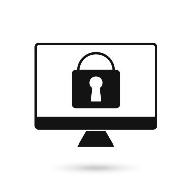 Bilgisayar güvenlik vektörü illüstrasyonu, düz tasarım siyah işaret