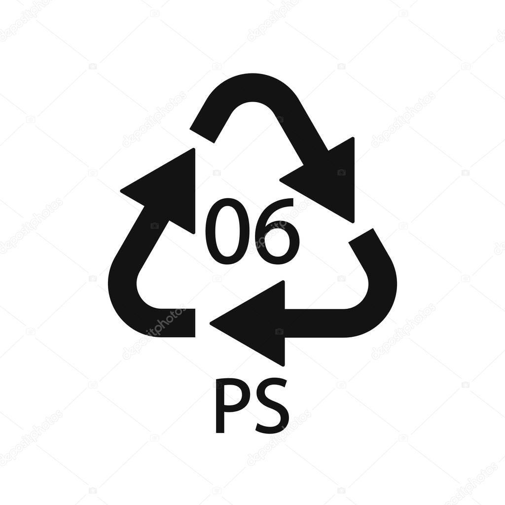 PS 06 recycling code symbol. Plastic recycling vector polystyrene sign.