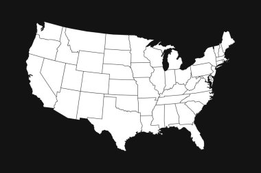 ABD 'nin yüksek detaylı haritası ve siyah arka grond üzerinde eyalet sınırları