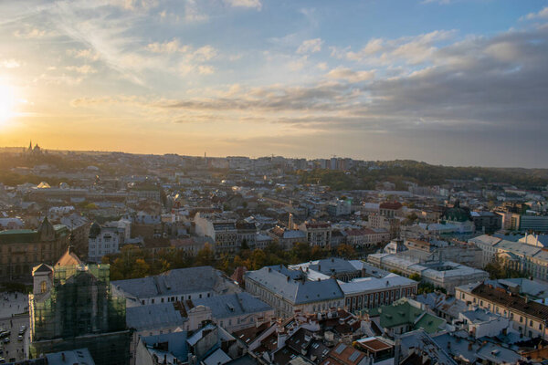 Panorama of old historical city center of Lviv. Ukraine, Europe