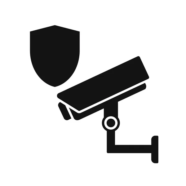 Cctv Icono Línea Cámara Con Signo Protección — Vector de stock