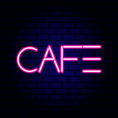 Cafe neon tabela tuğla duvar. Vektör çizim