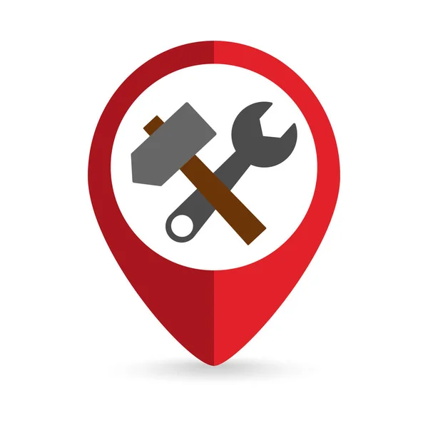 Red Pin Location Crossed Hammer Wrench Spanner Vector Illustration — Vector de stock