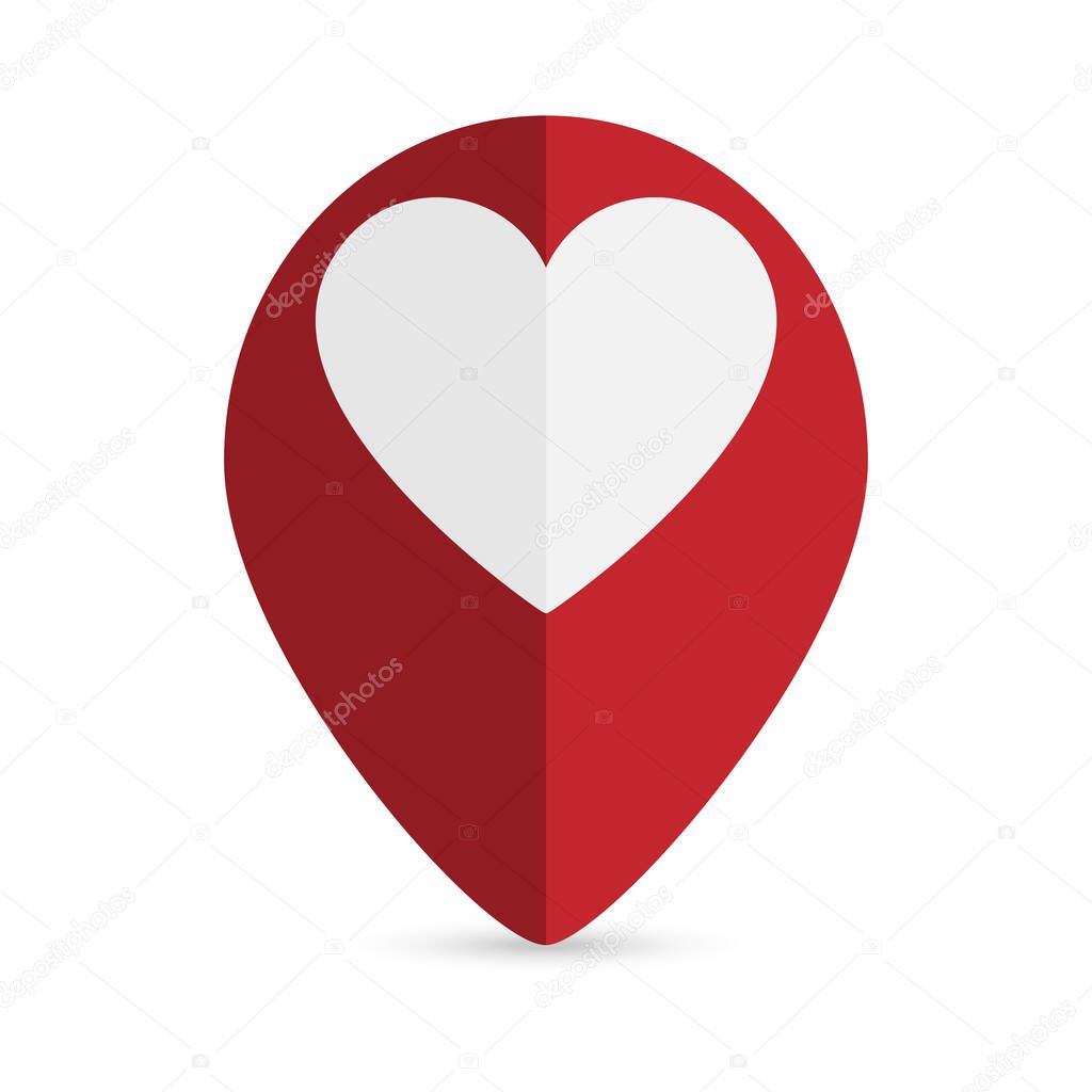 Red map pointer with heart icon. Vector illustration.