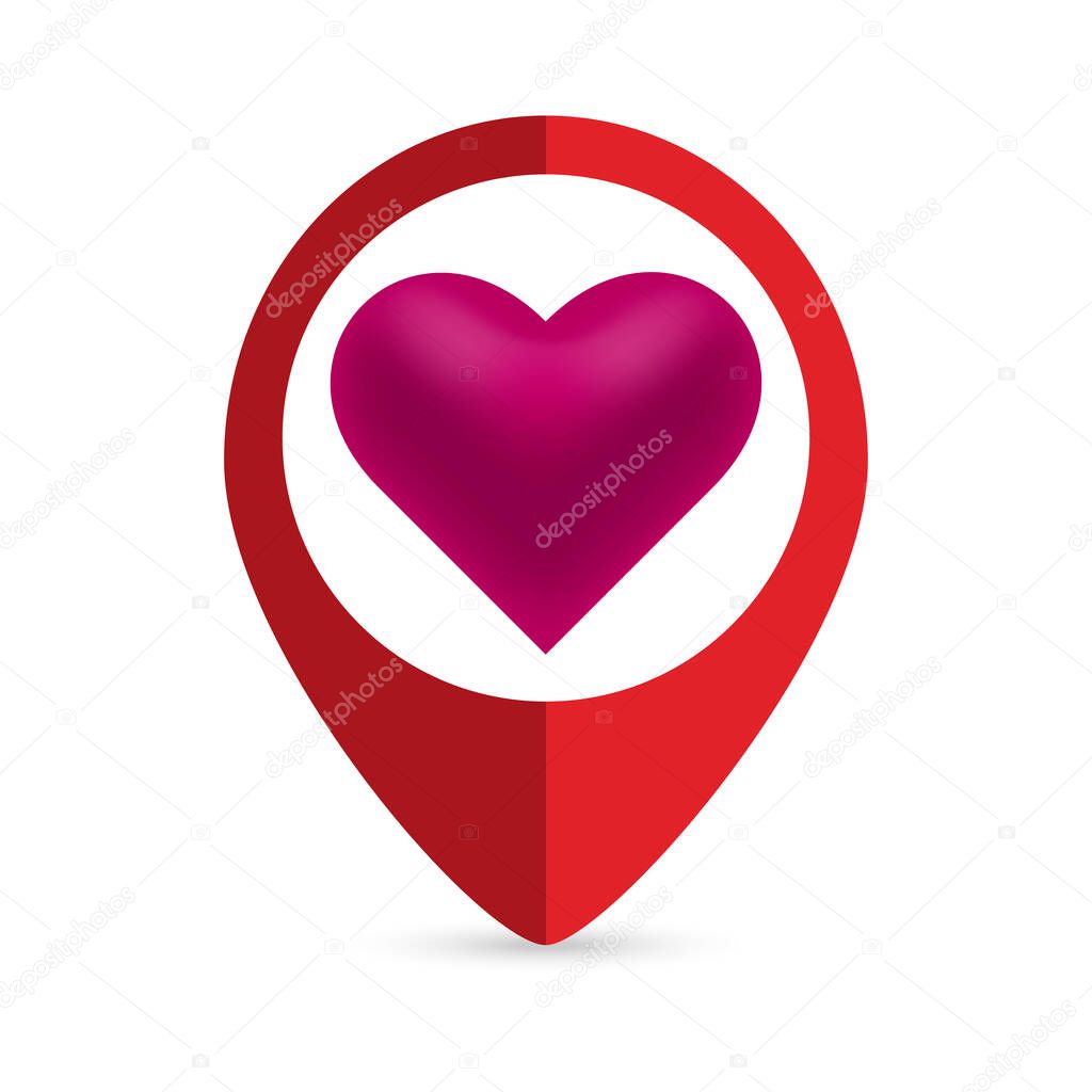 Red map pointer with heart icon. Vector illustration.