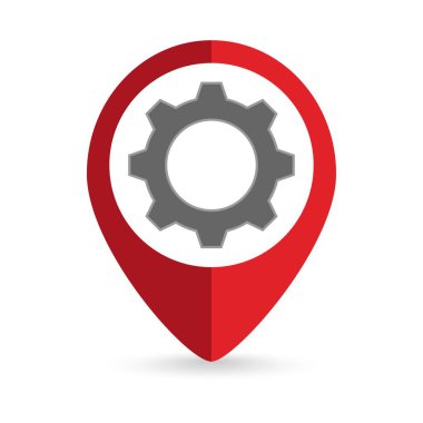 Kırmızı pim konumu ve içinde vites simgesi. Vektör illüstrasyonu.