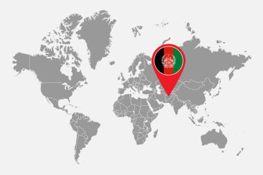 Dünya haritasında Afganistan bayrağıyla birlikte pin haritası. Vektör illüstrasyonu.
