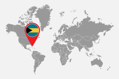 Dünya haritasında Bahamalar 'ın bayrağı olan iğne haritası. Vektör illüstrasyonu.