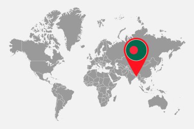 Dünya haritasında Bangladeş bayrağı olan pin haritası. Vektör illüstrasyonu.