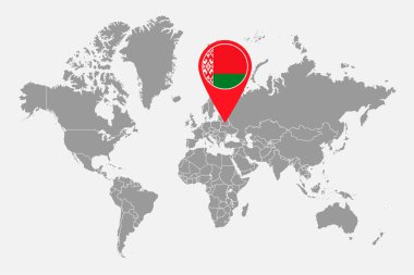 Dünya haritasında Belarus bayrağı olan pin haritası. Vektör illüstrasyonu.