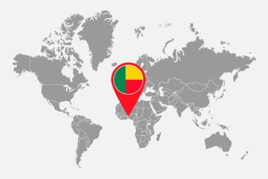 Dünya haritasında Benin bayrağı olan pin haritası. Vektör illüstrasyonu.