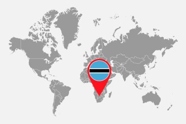 Dünya haritasında Botswana bayrağı olan pin haritası. Vektör illüstrasyonu.