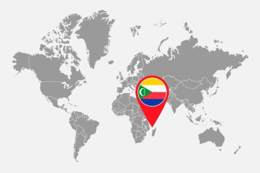 Dünya haritasında Komoros bayrağı olan iğne haritası. Vektör illüstrasyonu.