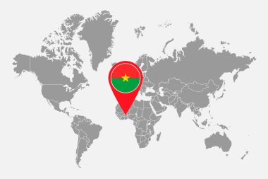Dünya haritasında Burkina Faso bayrağı olan pin haritası. Vektör illüstrasyonu.