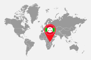 Dünya haritasında Burundi bayrağı olan pin haritası. Vektör illüstrasyonu.