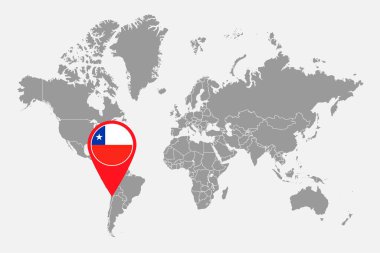 Dünya haritasında Şili bayrağı olan iğne haritası. Vektör illüstrasyonu.