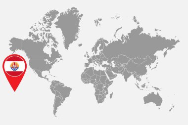 Dünya haritasında Fransız Polinezyası bayrağı olan iğne haritası. Vektör illüstrasyonu.