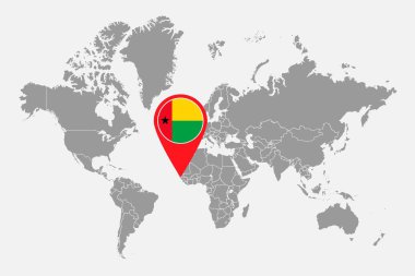 Dünya haritasında Gine-Bissau bayrağı olan pin haritası. Vektör illüstrasyonu.
