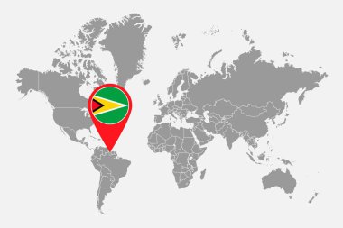 Dünya haritasında Guyana bayrağı olan pin haritası. Vektör illüstrasyonu.