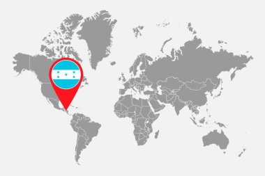 Dünya haritasında Honduras bayrağı olan pin haritası. Vektör illüstrasyonu.